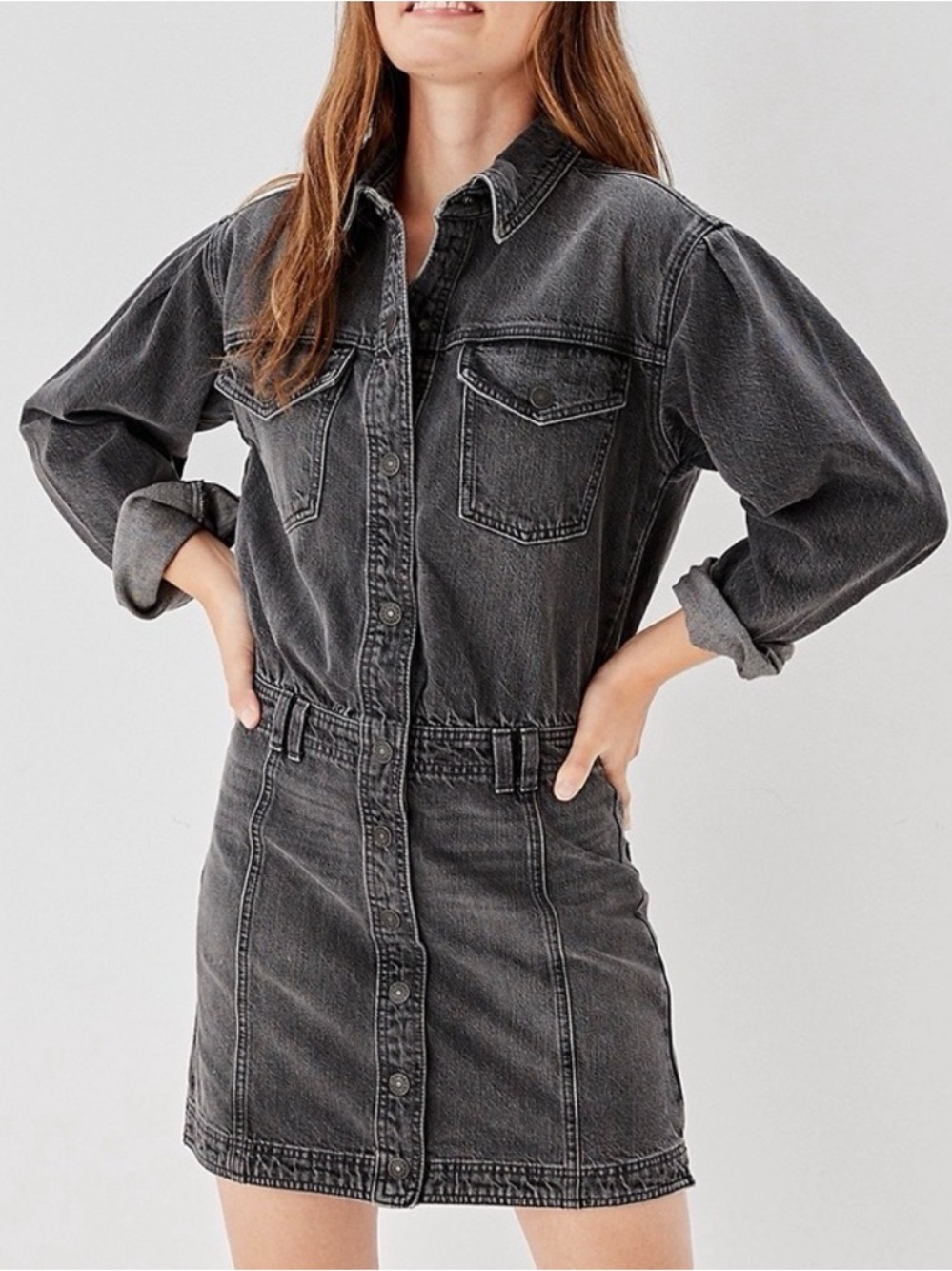 American Eagle Jean Dress Women's Faded Black Gray Snap Button Long Sleeve Small